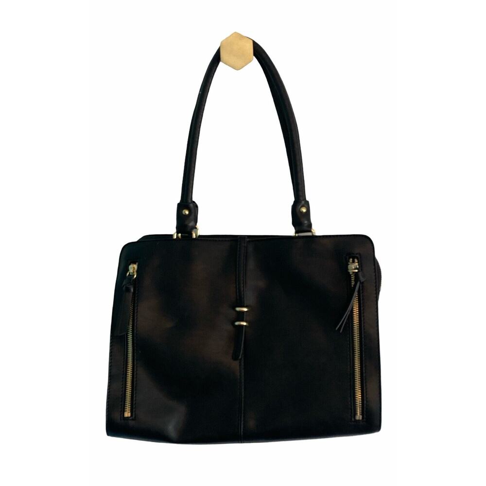 INC International Black Faux Leather Handbag Satchel Gold Detail Zipper Accents